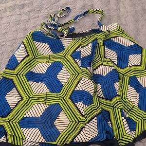 Handmade African Midi Wrap Skirt Blue, Green & White Graphic Pattern 100% Cotton